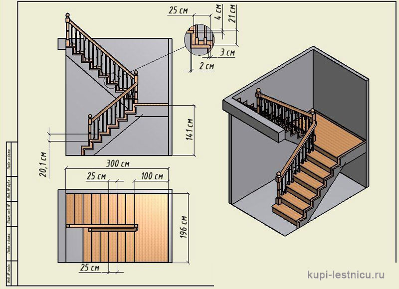Расчет лестницы на второй этаж с поворотом на 180