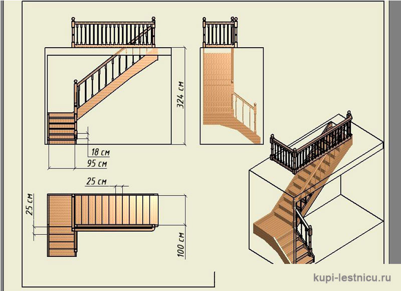 Г образная лестница с площадкой с поворотом на четверть