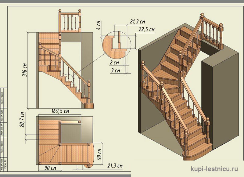 Sami napravite stubište na drugi kat od drveta s rotacijom od 90 stupnjeva: proračun i ugradnja