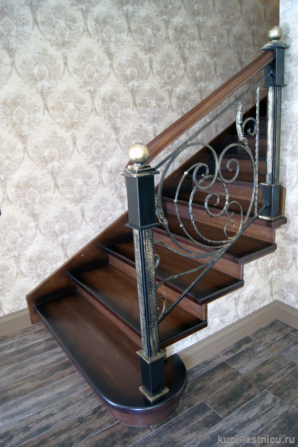 Заходная ступень на лестнице с кованным ограждением.