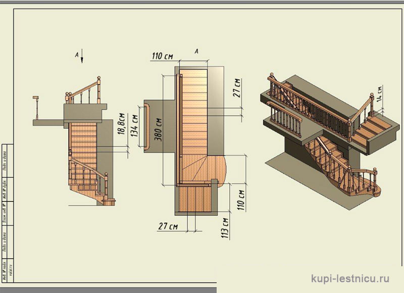 № 13 чертёж—проект одномаршевая забежная лестница  поворот 90 градусов 