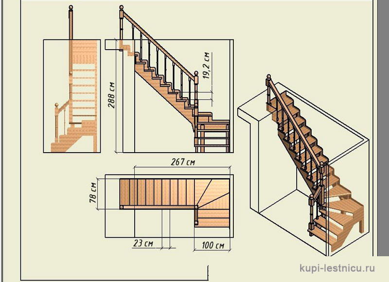 № 16 чертёж—проект одномаршевая забежная лестница  поворот 90 градусов 