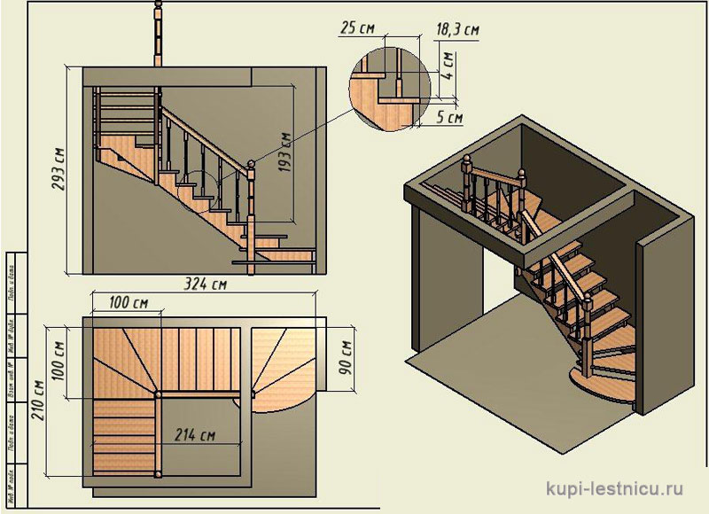 № 3 чертёж—проект одномаршевая забежная лестница  поворот 90 градусов 
