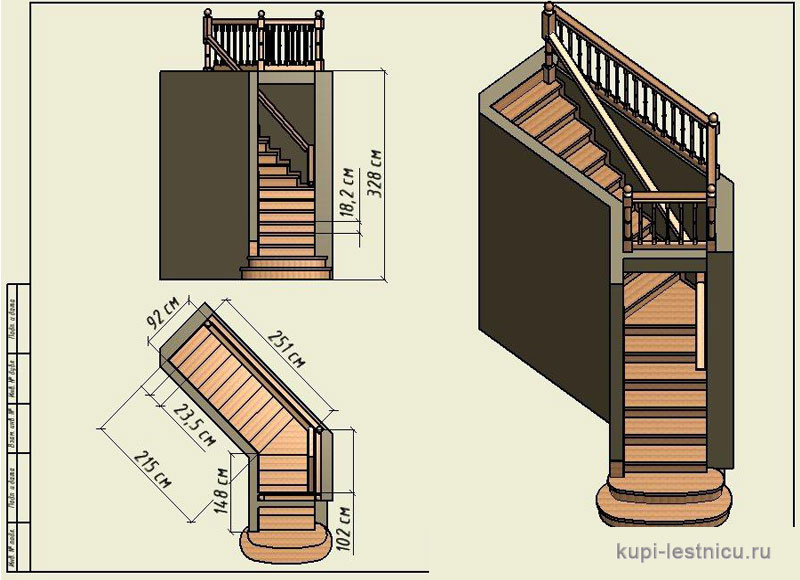 № 4 чертёж—проект одномаршевая забежная лестница  поворот 90 градусов 