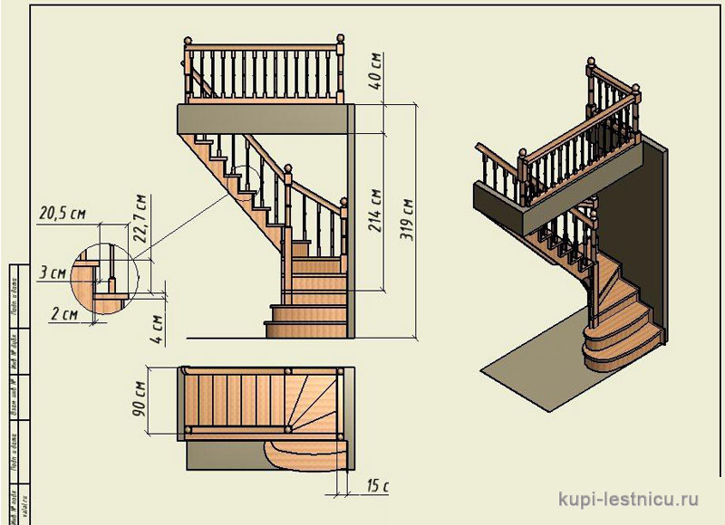 № 9 чертёж—проект одномаршевая забежная лестница  поворот 90 градусов 