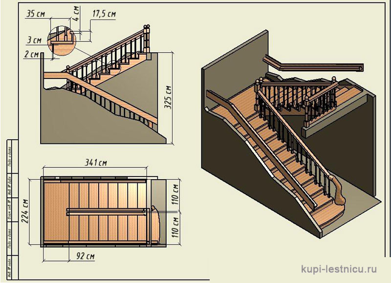 № 14 чертёж—проект двух маршевая лестница поворот 180 с площадкой 