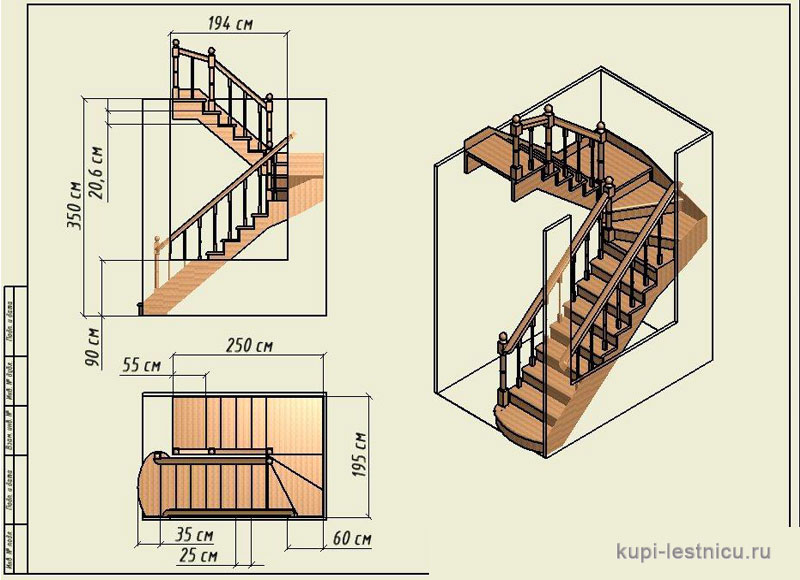 № 18 чертёж—проект двух маршевая лестница поворот 180 с площадкой 