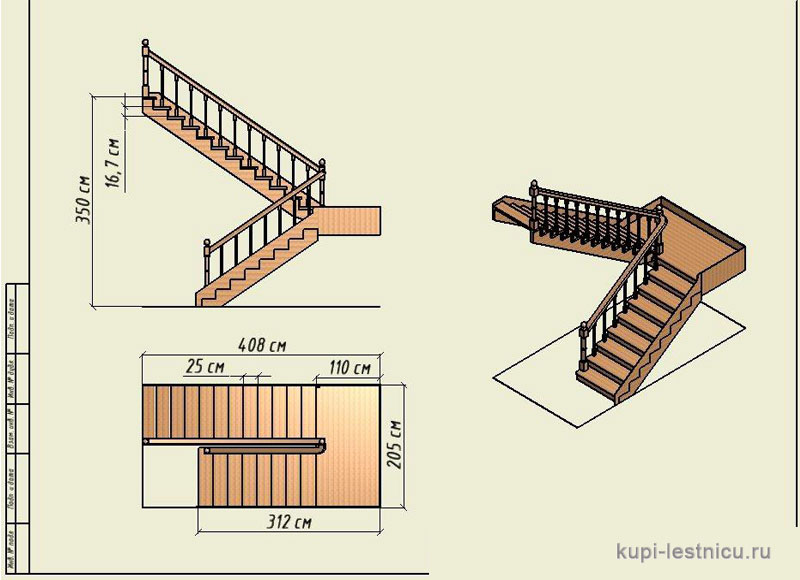 № 23 чертёж—проект двух маршевая лестница поворот 180 с площадкой 