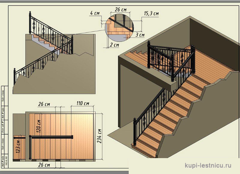 № 3 чертёж—проект двух маршевая лестница поворот 180 с площадкой 