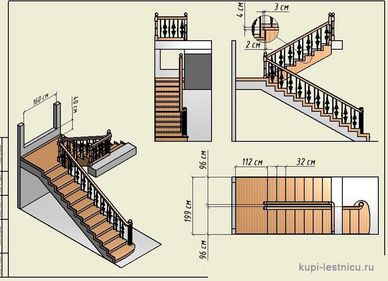 № 34 чертёж—проект двух маршевая лестница поворот 180 с площадкой 