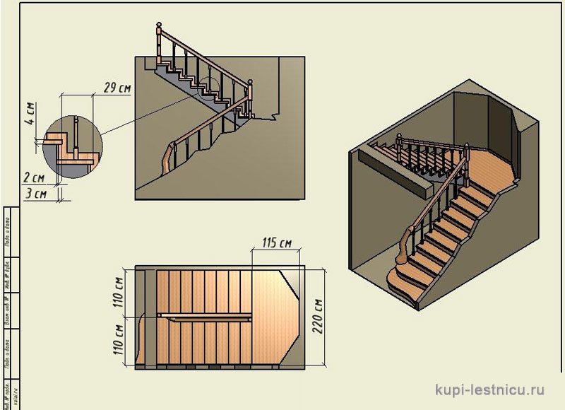 № 37 чертёж—проект двух маршевая лестница поворот 180 с площадкой 