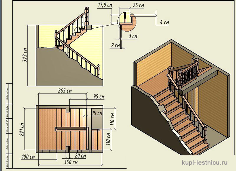 № 40 чертёж—проект двух маршевая лестница поворот 180 с площадкой 