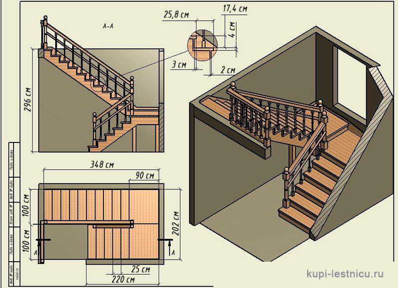 № 42 чертёж—проект двух маршевая лестница поворот 180 с площадкой 
