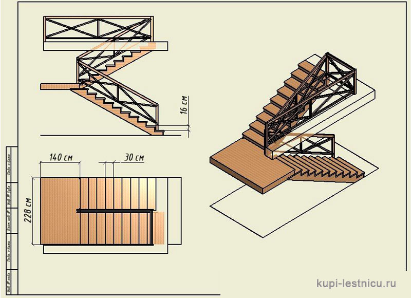 № 43 чертёж—проект двух маршевая лестница поворот 180 с площадкой 