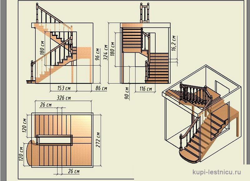 № 47 чертёж—проект двух маршевая лестница поворот 180 с площадкой 