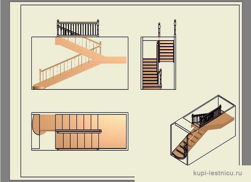 № 52 чертёж—проект двух маршевая лестница поворот 180 с площадкой 