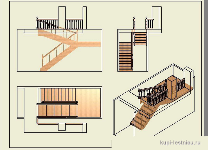 № 53 чертёж—проект двух маршевая лестница поворот 180 с площадкой 