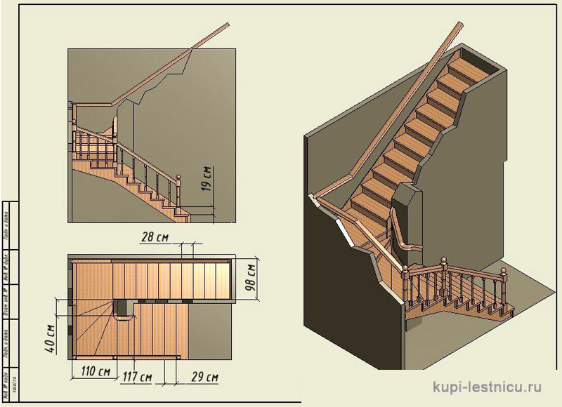 № 8 чертёж—проект двух маршевая лестница поворот 180 с площадкой 