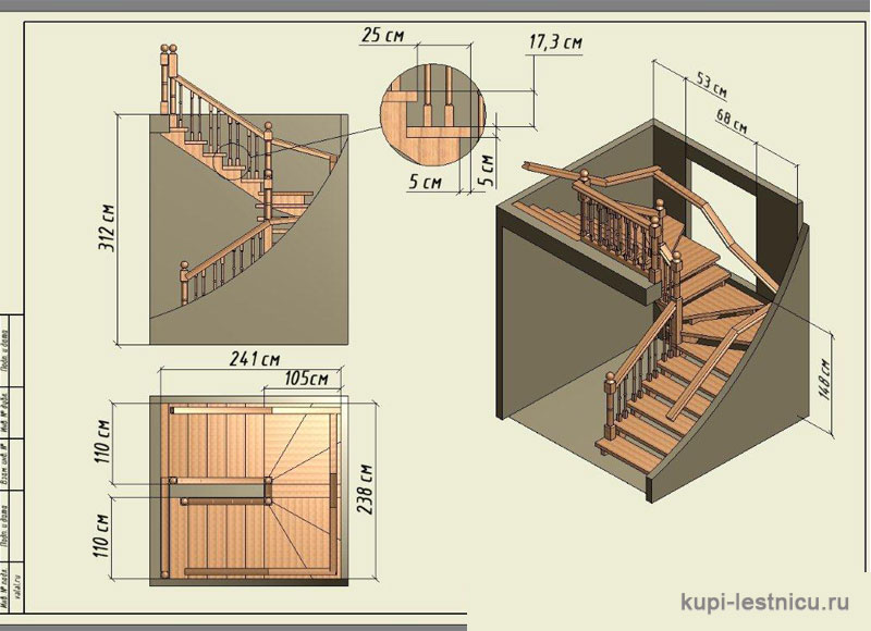 № 10 чертёж—проект двух маршевой лестницы на 180 градусов с забежными ступенями 