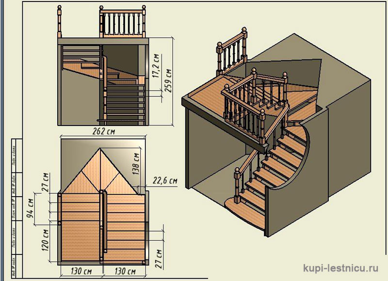 № 13 чертёж—проект двух маршевой лестницы на 180 градусов с забежными ступенями 