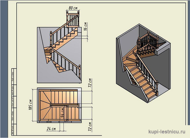 № 15 чертёж—проект двух маршевой лестницы на 180 градусов с забежными ступенями 