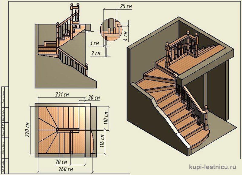 № 17 чертёж—проект двух маршевой лестницы на 180 градусов с забежными ступенями 