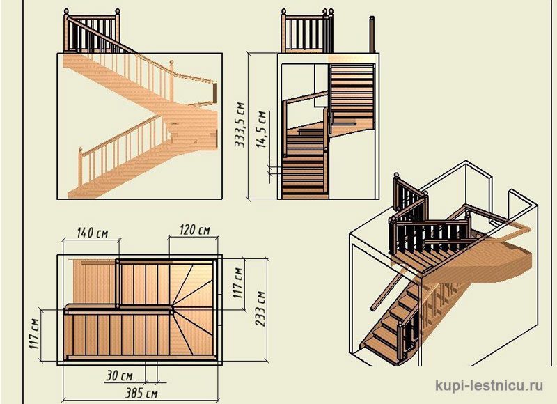 № 27 чертёж—проект двух маршевой лестницы на 180 градусов с забежными ступенями 