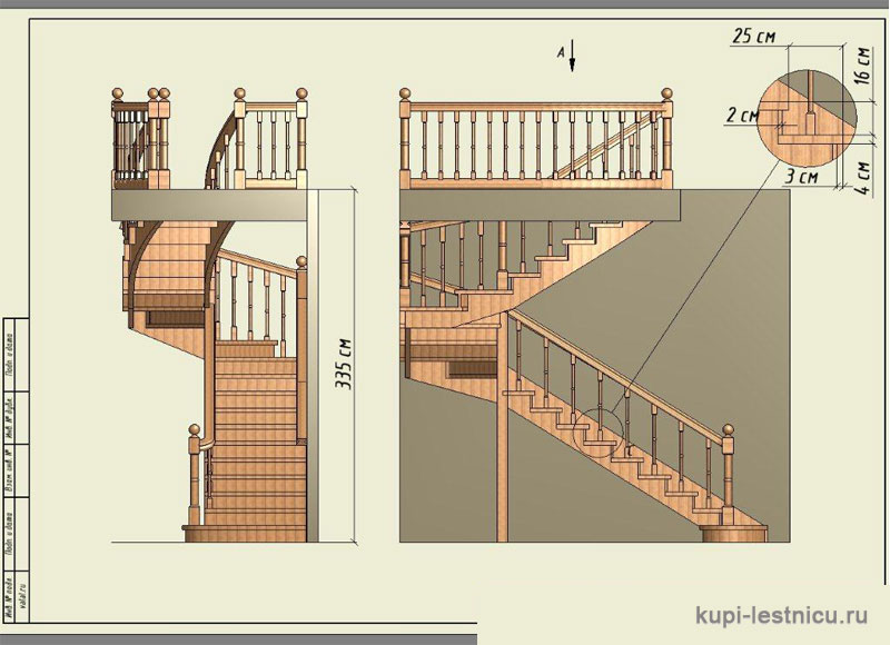№ 3 чертёж—проект двух маршевой лестницы на 180 градусов с забежными ступенями 