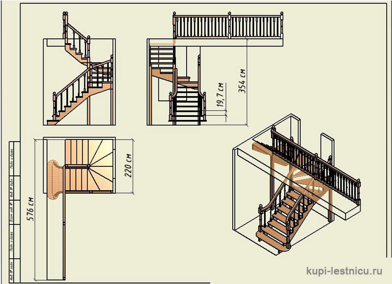 № 30 чертёж—проект двух маршевой лестницы на 180 градусов с забежными ступенями 