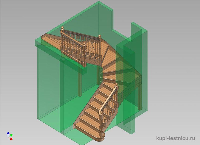 № 33 чертёж—проект двух маршевой лестницы на 180 градусов с забежными ступенями 
