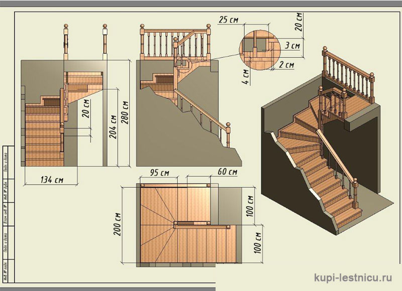 № 35 чертёж—проект двух маршевой лестницы на 180 градусов с забежными ступенями 