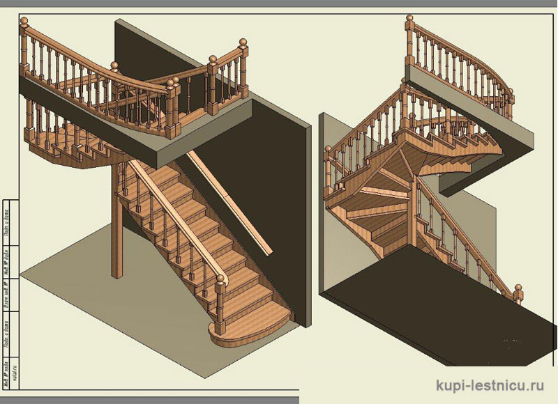 № 5 чертёж—проект двух маршевой лестницы на 180 градусов с забежными ступенями 