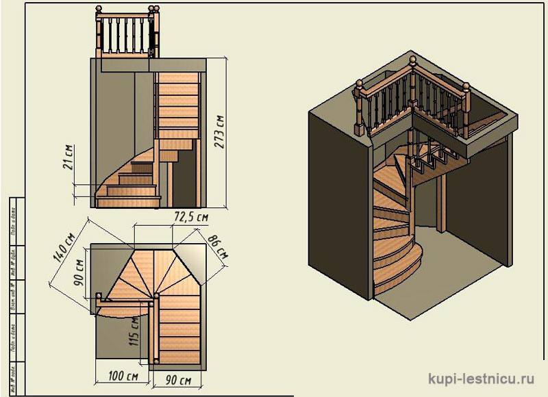 № 6 чертёж—проект двух маршевой лестницы на 180 градусов с забежными ступенями 