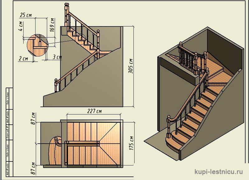 № 7 чертёж—проект двух маршевой лестницы на 180 градусов с забежными ступенями 