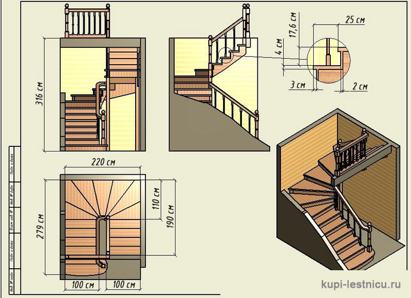 № 9 чертёж—проект двух маршевой лестницы на 180 градусов с забежными ступенями 