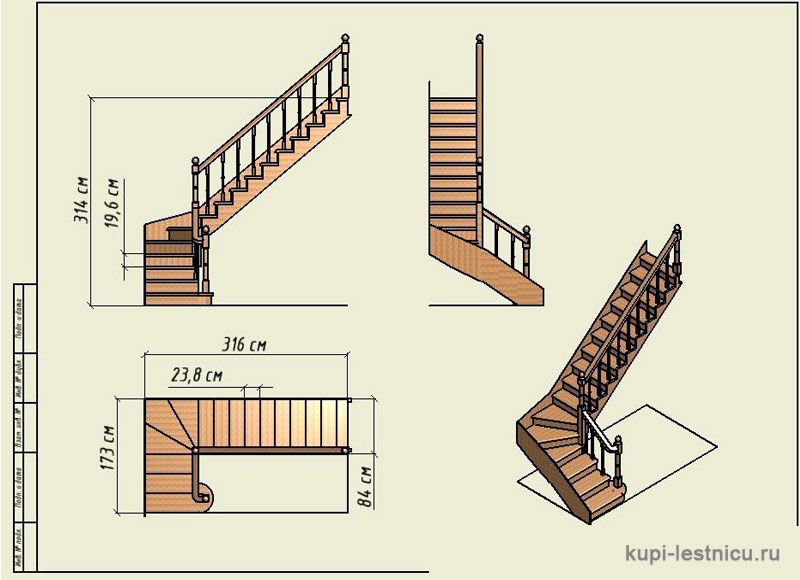 Параметры лестницы с забежными ступенями 90 градусов